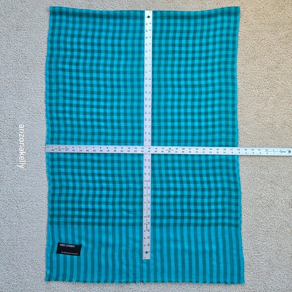 NWOT Meg Cohen Wool Scarf Lightweight Buffalo Plaid Check Teal Blue-Green - Picture 2 of 8